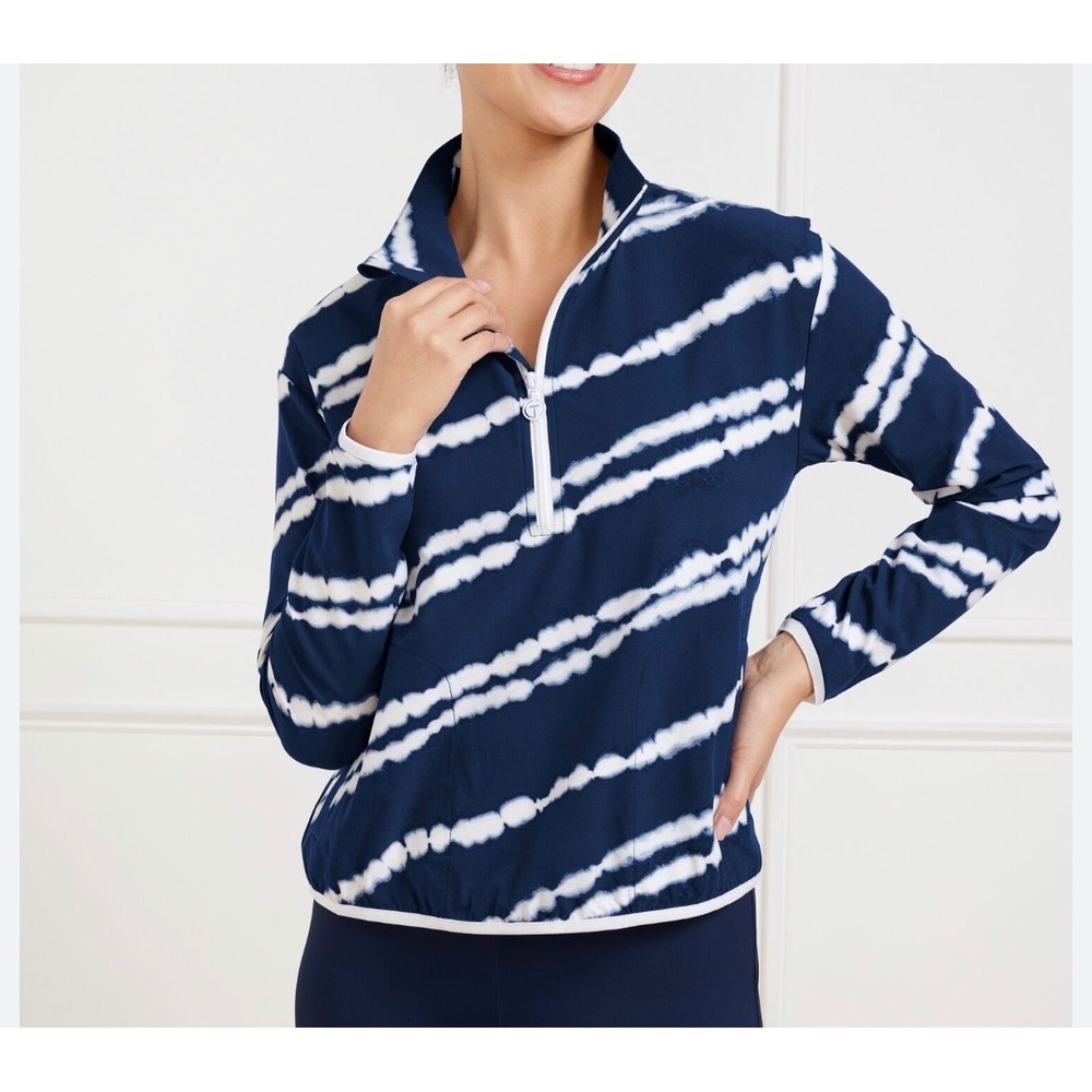 T by Talbots Women's Sm Navy Blue White Tie Dye Stripe Quarter Zip Pullover Golf